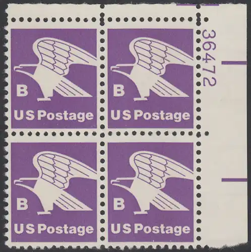 USA Michel 1457A / Scott 1818 postfrisch PLATEBLOCK ECKRAND oben rechts m/ Platten-# 36472 - Adler, Emblem der US-Post