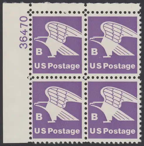 USA Michel 1457A / Scott 1818 postfrisch PLATEBLOCK ECKRAND oben links m/ Platten-# 36470 - Adler, Emblem der US-Post