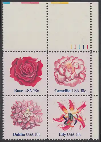 USA Michel 1459-1462 / Scott 1876-1879 postfrisch PLATEBLOCK Eckrand oben rechts m/ Platten-# 111111 - Blumen