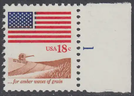 USA Michel 1464 / Scott 1890 postfrisch EINZELMARKE RAND rechts m/ Platten-# 1 - Flagge, Weizenfeld