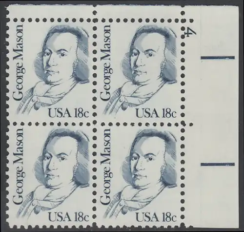 USA Michel 1468 / Scott 1858 postfrisch PLATEBLOCK ECKRAND oben rechts m/ Platten-# 4 - Amerikanische Persönlichkeiten: George Mason (1725-1792), Politiker
