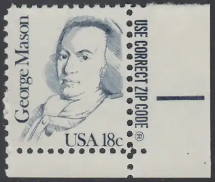 USA Michel 1468 / Scott 1858 postfrisch EINZELMARKE ECKRAND unten rechts m/ ZIP-Emblem - Amerikanische Persönlichkeiten: George Mason (1725-1792), Politiker