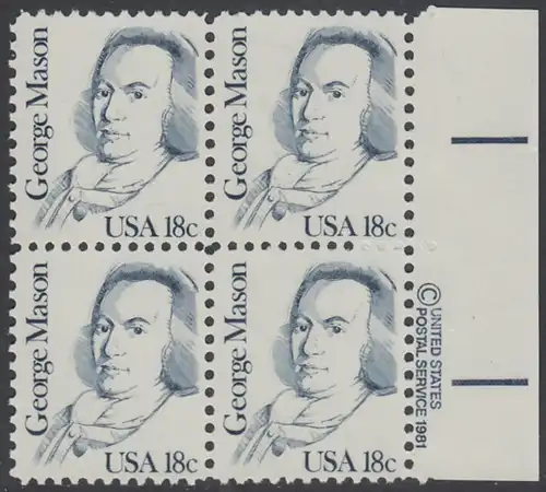 USA Michel 1468 / Scott 1858 postfrisch BLOCK RÄNDER rechts m/ copyright symbol - Amerikanische Persönlichkeiten: George Mason (1725-1792), Politiker