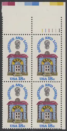 USA Michel 1469 / Scott 1911 postfrisch PLATEBLOCK ECKRAND oben rechts m/ Platten-# 111111 - 150 Jahre Sparkassen; Alte Sparbüchse