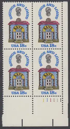 USA Michel 1469 / Scott 1911 postfrisch PLATEBLOCK ECKRAND unten rechts m/ Platten-# 111111 (b) - 150 Jahre Sparkassen; Alte Sparbüchse