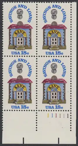 USA Michel 1469 / Scott 1911 postfrisch PLATEBLOCK ECKRAND unten rechts m/ Platten-# 111111 (a) - 150 Jahre Sparkassen; Alte Sparbüchse