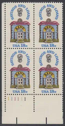 USA Michel 1469 / Scott 1911 postfrisch PLATEBLOCK ECKRAND unten links m/ Platten-# 111111 - 150 Jahre Sparkassen; Alte Sparbüchse