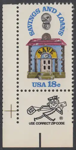 USA Michel 1469 / Scott 1911 postfrisch EINZELMARKE ECKRAND unten links m/ ZIP-Vermerk - 150 Jahre Sparkassen; Alte Sparbüchse
