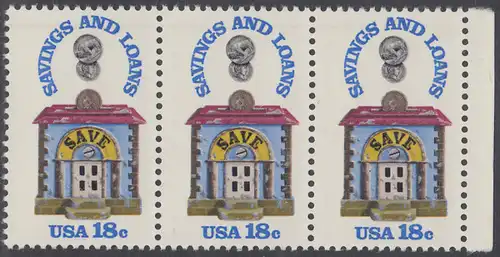 USA Michel 1469 / Scott 1911 postfrisch horiz.STRIP(3) RAND rechts - 150 Jahre Sparkassen; Alte Sparbüchse