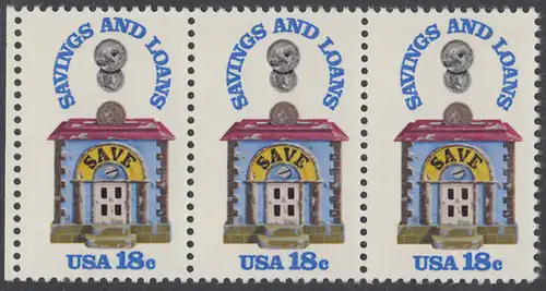 USA Michel 1469 / Scott 1911 postfrisch horiz.STRIP(3) RAND links - 150 Jahre Sparkassen; Alte Sparbüchse
