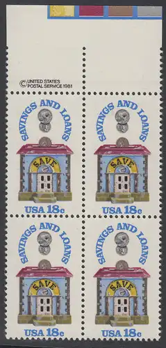 USA Michel 1469 / Scott 1911 postfrisch BLOCK RÄNDER oben m/ copyright symbol - 150 Jahre Sparkassen; Alte Sparbüchse