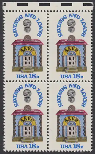 USA Michel 1469 / Scott 1911 postfrisch BLOCK RÄNDER oben - 150 Jahre Sparkassen; Alte Sparbüchse