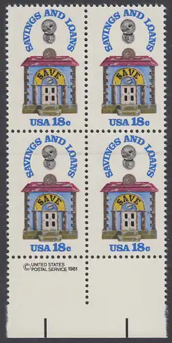 USA Michel 1469 / Scott 1911 postfrisch BLOCK RÄNDER unten m/ copyright symbol - 150 Jahre Sparkassen; Alte Sparbüchse