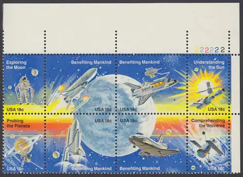 USA Michel 1481-1488 / Scott 1912-1919 postfrisch PLATEBLOCK ECKRAND oben rechts m/ Platten-# 222222 - Erfolge der Raumfahrt