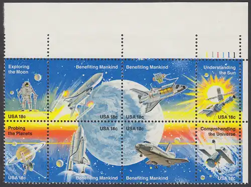 USA Michel 1481-1488 / Scott 1912-1919 postfrisch PLATEBLOCK ECKRAND oben rechts m/ Platten-# 111111 (b) - Erfolge der Raumfahrt