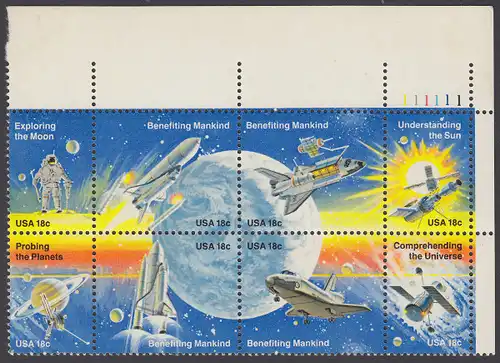USA Michel 1481-1488 / Scott 1912-1919 postfrisch PLATEBLOCK ECKRAND oben rechts m/ Platten-# 111111 (a) - Erfolge der Raumfahrt