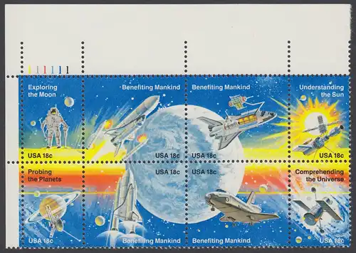 USA Michel 1481-1488 / Scott 1912-1919 postfrisch PLATEBLOCK ECKRAND oben links m/ Platten-# 111111 - Erfolge der Raumfahrt