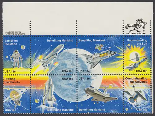 USA Michel 1481-1488 / Scott 1912-1919 postfrisch ZIP-BLOCK (ur) - Erfolge der Raumfahrt