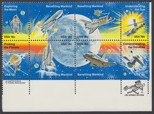 USA Michel 1481-1488 / Scott 1912-1919 postfrisch ZIP-BLOCK (lr) - Erfolge der Raumfahrt