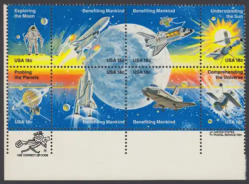 USA Michel 1481-1488 / Scott 1912-1919 postfrisch ZIP-BLOCK (ll) - Erfolge der Raumfahrt