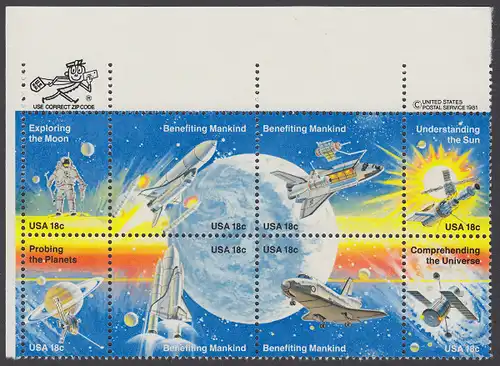 USA Michel 1481-1488 / Scott 1912-1919 postfrisch ZIP-BLOCK (ul) - Erfolge der Raumfahrt