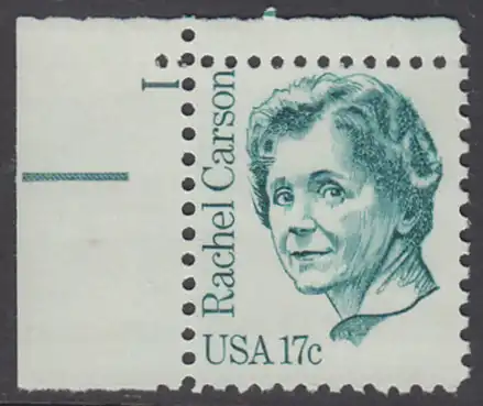 USA Michel 1489 / Scott 1857 postfrisch EINZELMARKE ECKRAND oben links m/ Platten-# 1 - Amerikanische Persönlichkeiten: Rachel Carson (1907-1964), Biologin