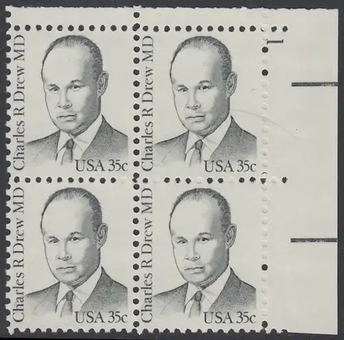 USA Michel 1490 / Scott 1865 postfrisch PLATEBLOCK ECKRAND oben rechts m/ Platten-# 1 (a) - Amerikanische Persönlichkeiten: Charles R. Drew (1904-1950), Arzt