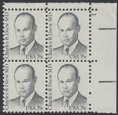 USA Michel 1490 / Scott 1865 postfrisch PLATEBLOCK ECKRAND oben rechts m/ Platten-# 1 (b) - Amerikanische Persönlichkeiten: Charles R. Drew (1904-1950), Arzt