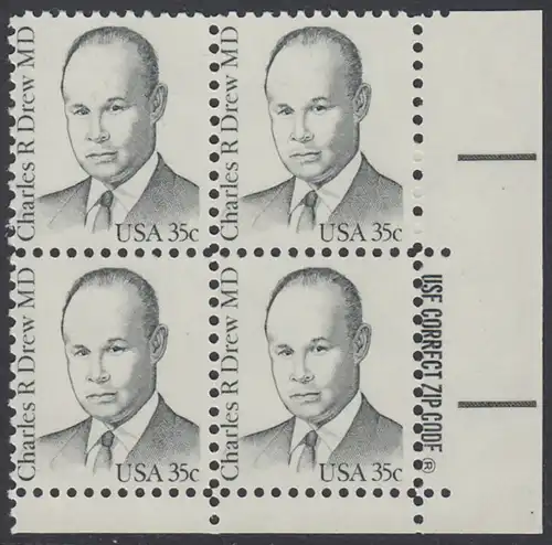 USA Michel 1490 / Scott 1865 postfrisch ZIP-BLOCK (lr) - Amerikanische Persönlichkeiten: Charles R. Drew (1904-1950), Arzt