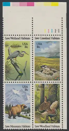USA Michel 1493-1496 / Scott 1921-1924 postfrisch PLATEBLOCK ECKRAND oben rechts m/ Platten-# 11111 - Naturschutz