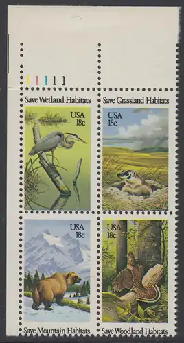 USA Michel 1493-1496 / Scott 1921-1924 postfrisch PLATEBLOCK ECKRAND oben links m/ Platten-# 11111 - Naturschutz