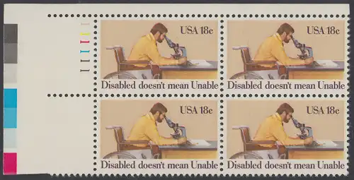 USA Michel 1497 / Scott 1925 postfrisch PLATEBLOCK ECKRAND oben links m/ Platten-# 111111 - Internationales Jahr der Behinderten