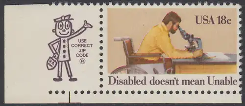 USA Michel 1497 / Scott 1925 postfrisch EINZELMARKE ECKRAND unten links m/ ZIP-Emblem - Internationales Jahr der Behinderten