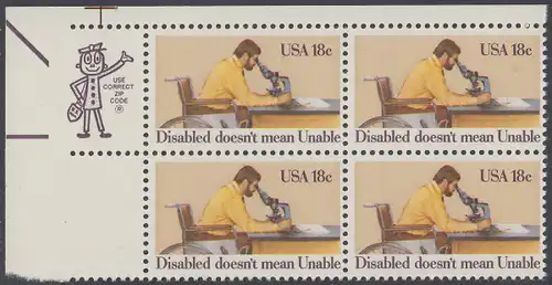 USA Michel 1497 / Scott 1925 postfrisch ZIP-BLOCK (ul) - Internationales Jahr der Behinderten