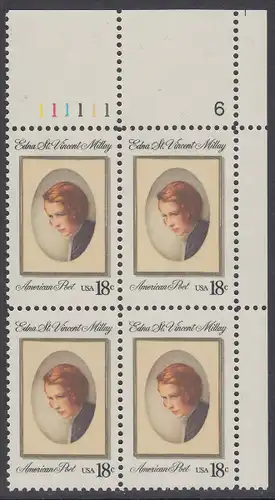 USA Michel 1498 / Scott 1926 postfrisch PLATEBLOCK ECKRAND oben rechts m/ Platten-# 111111 - Edna St. Vincent Millay (1892-1950), Dichterin
