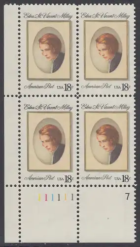 USA Michel 1498 / Scott 1926 postfrisch PLATEBLOCK ECKRAND unten links m/ Platten-# 111111 - Edna St. Vincent Millay (1892-1950), Dichterin