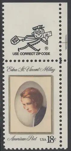 USA Michel 1498 / Scott 1926 postfrisch EINZELMARKE ECKRAND oben rechts m/ ZIP-Emblem - Edna St. Vincent Millay (1892-1950), Dichterin