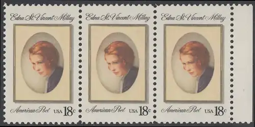 USA Michel 1498 / Scott 1926 postfrisch horiz.STRIP(3) RAND rechts - Edna St. Vincent Millay (1892-1950), Dichterin