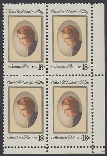 USA Michel 1498 / Scott 1926 postfrisch BLOCK ECKRAND unten rechts - Edna St. Vincent Millay (1892-1950), Dichterin