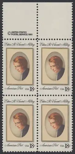 USA Michel 1498 / Scott 1926 postfrisch BLOCK RÄNDER oben m/ copyright symbol (a1) - Edna St. Vincent Millay (1892-1950), Dichterin