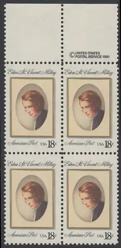 USA Michel 1498 / Scott 1926 postfrisch BLOCK RÄNDER oben m/ copyright symbol (a2) - Edna St. Vincent Millay (1892-1950), Dichterin