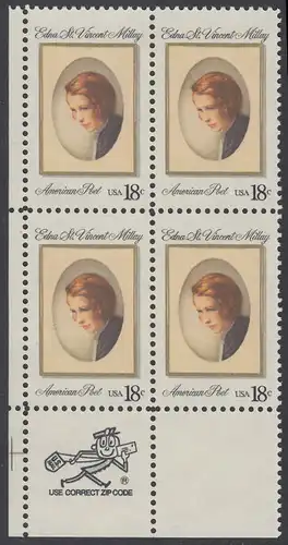 USA Michel 1498 / Scott 1926 postfrisch ZIP-BLOCK (ll) - Edna St. Vincent Millay (1892-1950), Dichterin