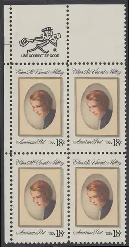 USA Michel 1498 / Scott 1926 postfrisch ZIP-BLOCK (ul) - Edna St. Vincent Millay (1892-1950), Dichterin