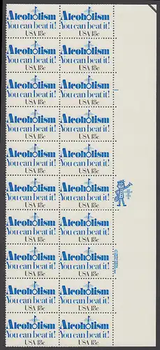 USA Michel 1499 / Scott 1927 postfrisch vert.PLATEBLOCK(20) RÄNDER rechts m/ Platten-# 1 - Kampf gegen den Alkoholismus