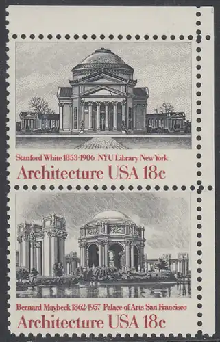 USA Michel 1500+1502 / Scott 1928+1930 postfrisch vert.PAAR ECKRAND oben rechts - Amerikanische Architektur: Universitätsbibliothek, New York, NY / Kunstmuseum San Francisco, CA