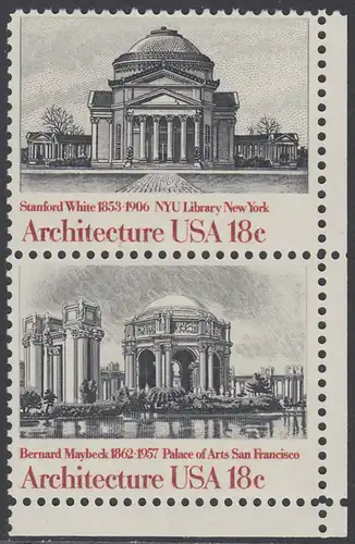 USA Michel 1500+1502 / Scott 1928+1930 postfrisch vert.PAAR ECKRAND unten rechts - Amerikanische Architektur: Universitätsbibliothek, New York, NY / Kunstmuseum San Francisco, CA