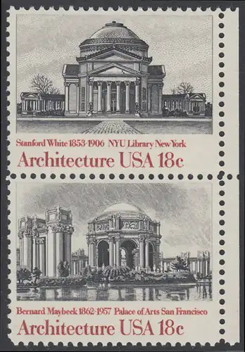 USA Michel 1500+1502 / Scott 1928+1930 postfrisch vert.PAAR RÄNDER rechts - Amerikanische Architektur: Universitätsbibliothek, New York, NY / Kunstmuseum San Francisco, CA