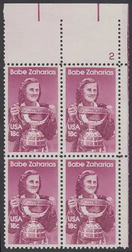 USA Michel 1504 / Scott 1932 postfrisch PLATEBLOCK ECKRAND oben rechts m/ Platten-# 2 - Sportler: Mildred D. -Babe- Zaharias (1911-1956), Basketball- und Golfspielerin