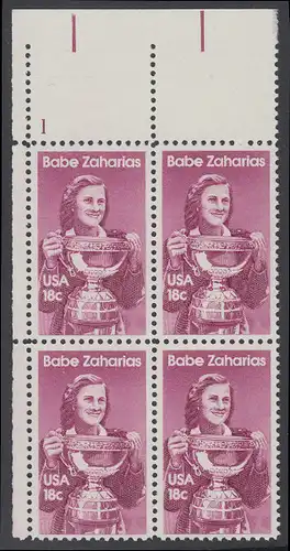 USA Michel 1504 / Scott 1932 postfrisch PLATEBLOCK ECKRAND oben links m/ Platten-# 1 - Sportler: Mildred D. -Babe- Zaharias (1911-1956), Basketball- und Golfspielerin
