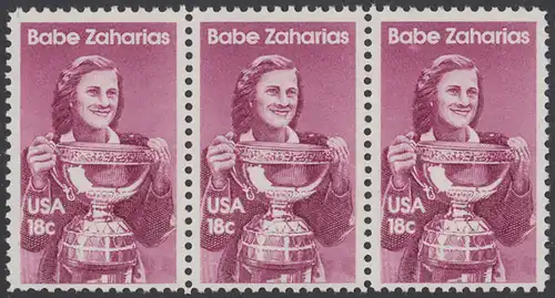 USA Michel 1504 / Scott 1932 postfrisch horiz.STRIP(3) - Sportler: Mildred D. -Babe- Zaharias (1911-1956), Basketball- und Golfspielerin
